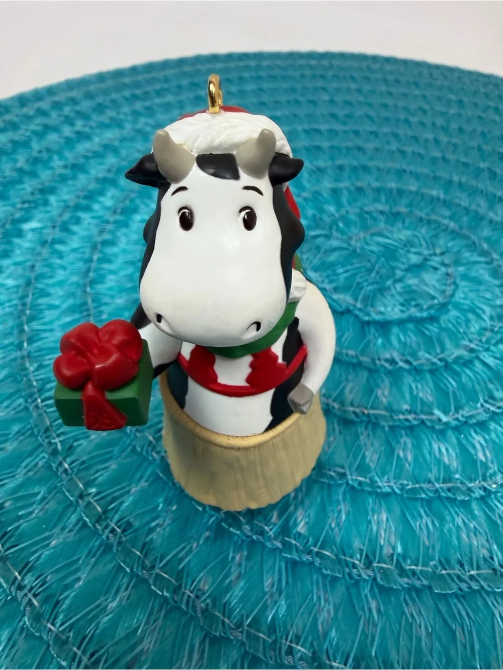 Hallmark White and Black Cow Ornament with Red and Green Gift